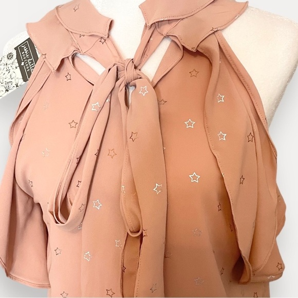 NWT Entro Size S Blouse Sleeveless Beige-Pink Silver Stars Flowy Ruffles - Picture 5 of 11